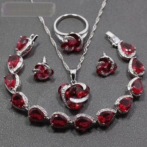 4PCS 925 Sterling Silver Red Crystal Set